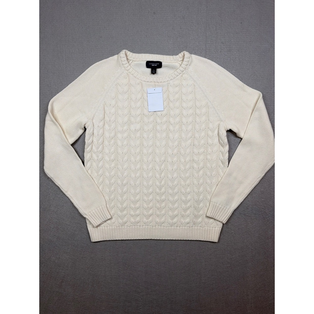Lands End Drifter Cable Knit Sweater Cream Off White Cotton Womens L 14-16